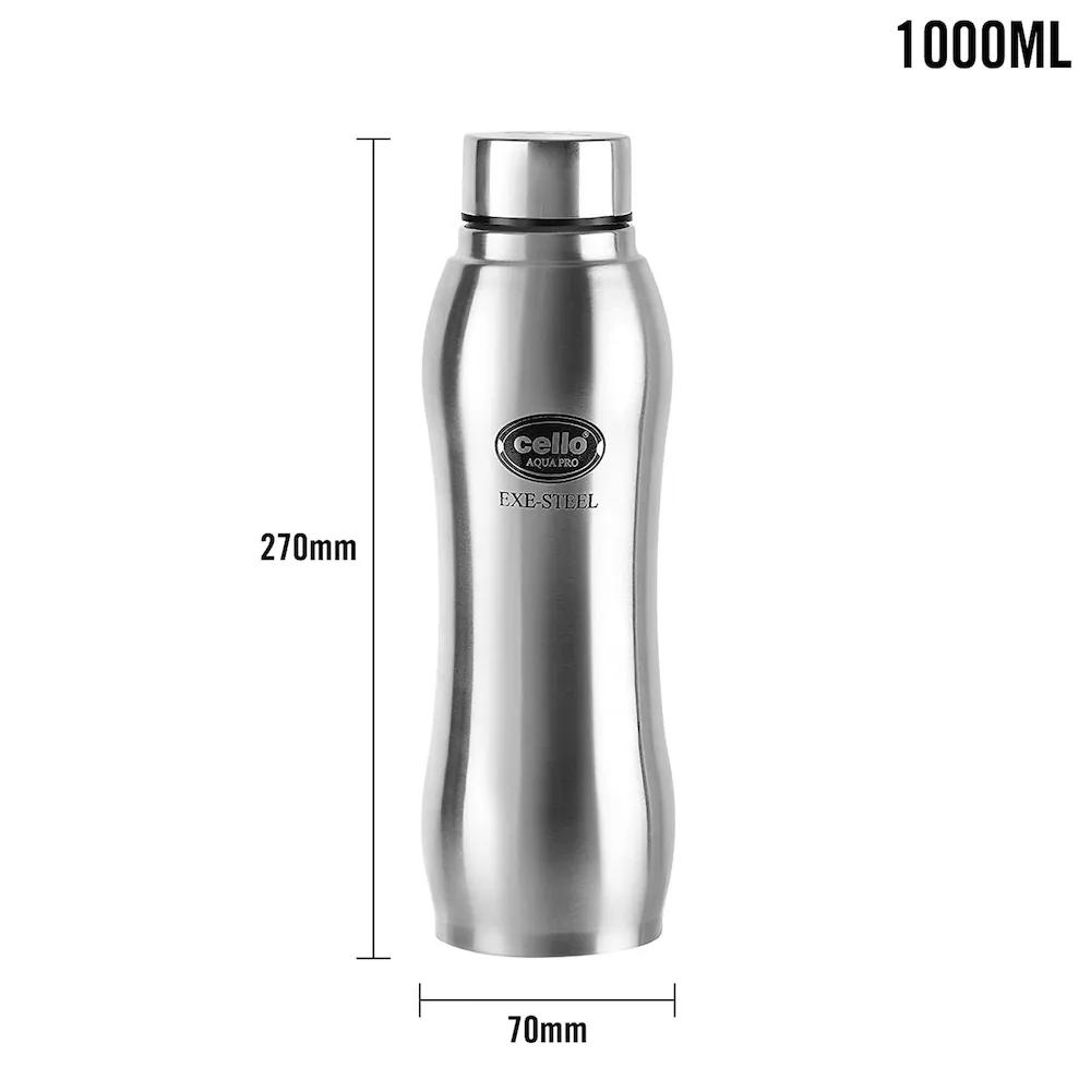 Cello Stainless Steel Water Bottle Set Of 2 | 1000ml Leakproof Bottles For Gym Office Travel | Airtight Food Grade Silver