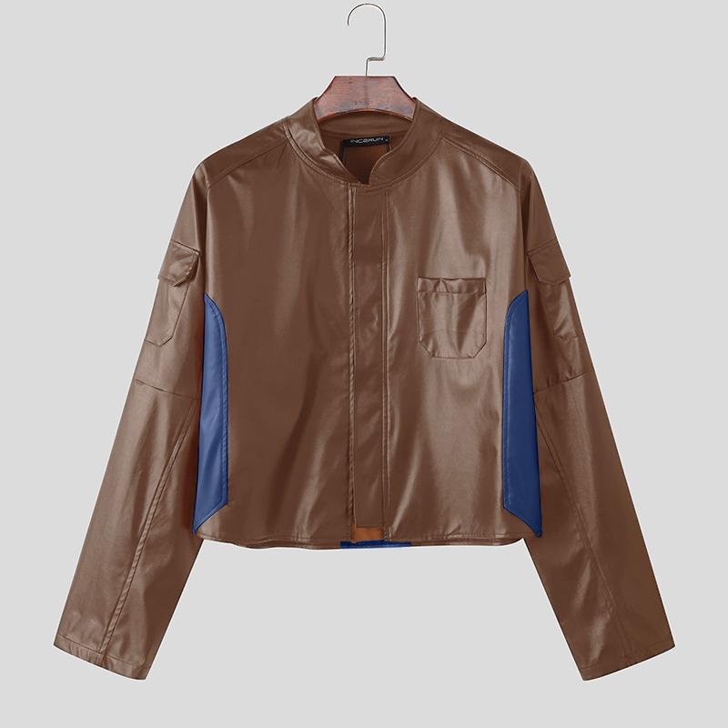 INCERUN Autumn Men Collarless Long Sleeve Zip-up PU Leather Casual Cropped Coats Jackets