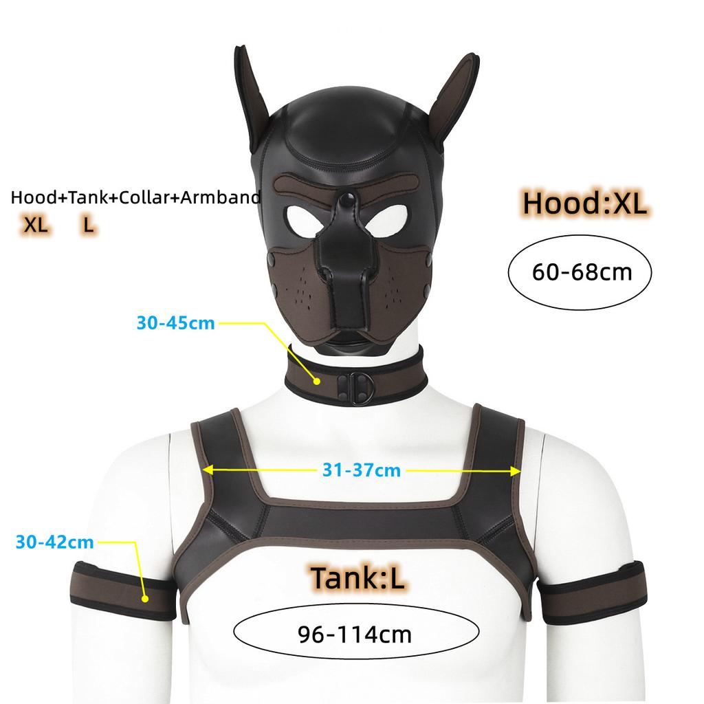 XL Large Size Cucciolo Cosplay Neoprene Fetish Hood Maschera Kit con fascia toracica Collare Fascia da braccio Costumi sessuali per BDSM Ruolo schiavo