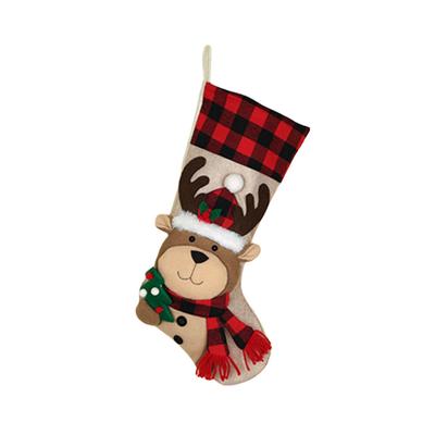 Plaid Christmas Stocking 19 Inch Hanging with Plush Snowman Deer Santa Penguin Biscuit for Holiday Decoration and Gifts