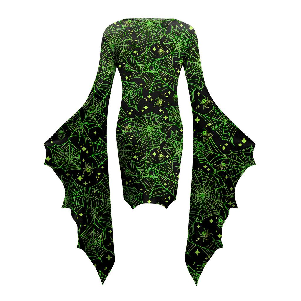 Women Fashion Gothic Punk Bat-Sleeve 3D Cute Halloween Print Irregular Party Dress