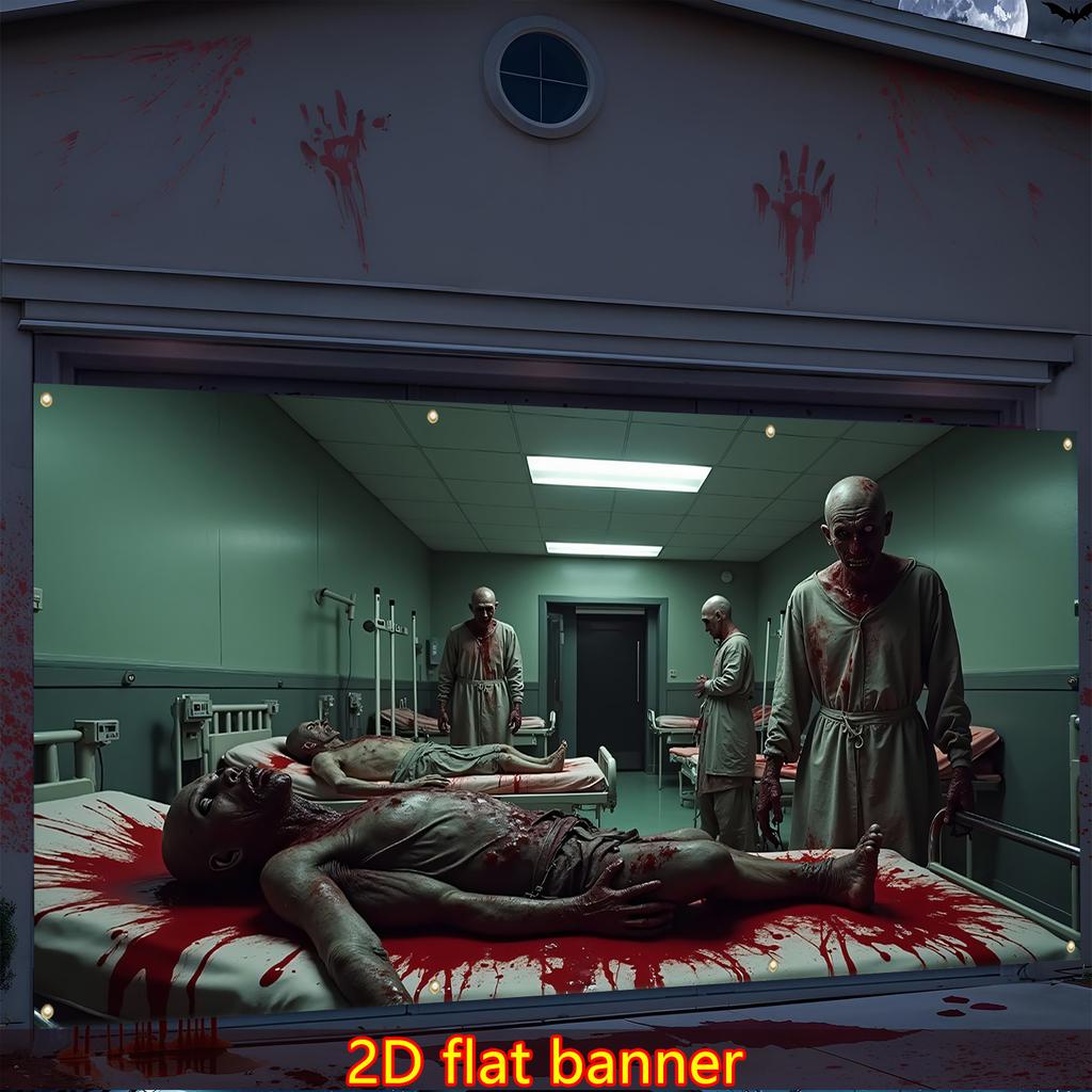 2D door banner 1 large horror hospital garage door banner - abandoned morgue scene with zombieszyc
