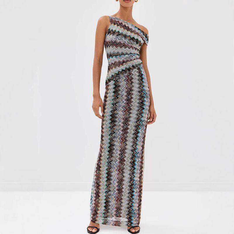 

New Arrival European and American Women s Clothing Diagonal Collar Sleeveless Stripes Flattering Figure Ruched Dress Grey XS