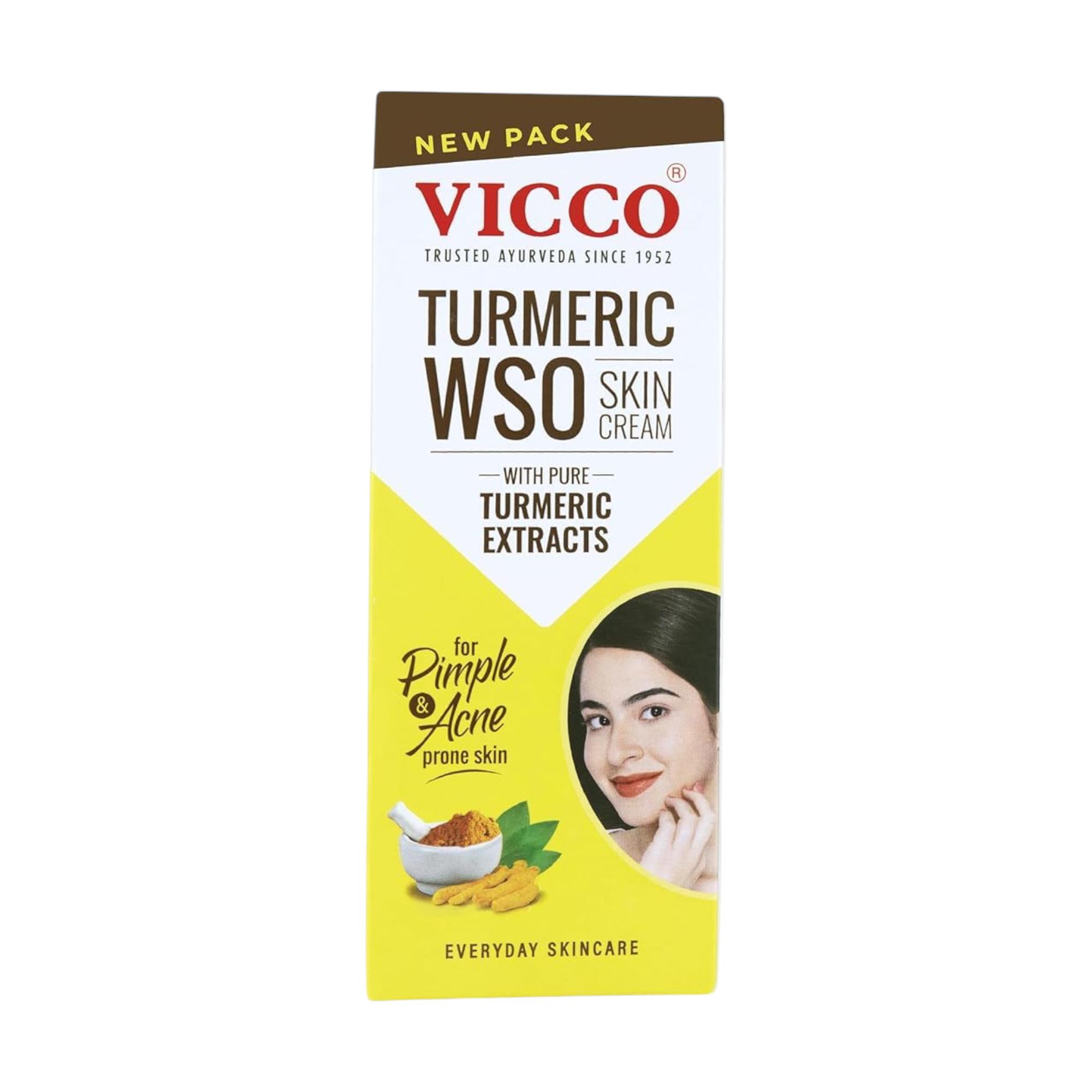 

Vicco Turmeric WSO Аюрведический крем для кожи от прыщей, пигментных пятен, дефектов и для чистого сияющего цвета лица | Уход для естественного сияния и ровного тона 60 г Упаковка 1 шт.