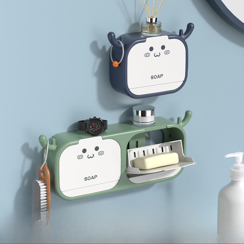Non-perforated Flip-top Bathroom Laundry Soap Box Cartoon Antler HookWall-mounted Room Draining and Storage Box