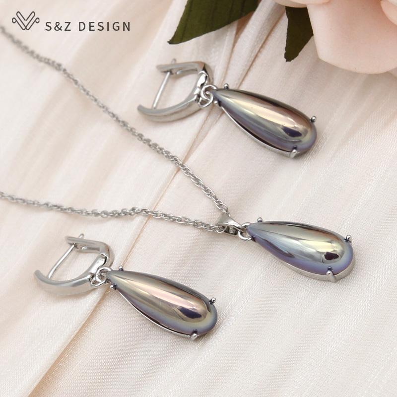 Fashion Water Drop Simulated-pearl Dangle Earrings Jewelry Sets For Women Wedding Rose Gold Color Pendant Necklace