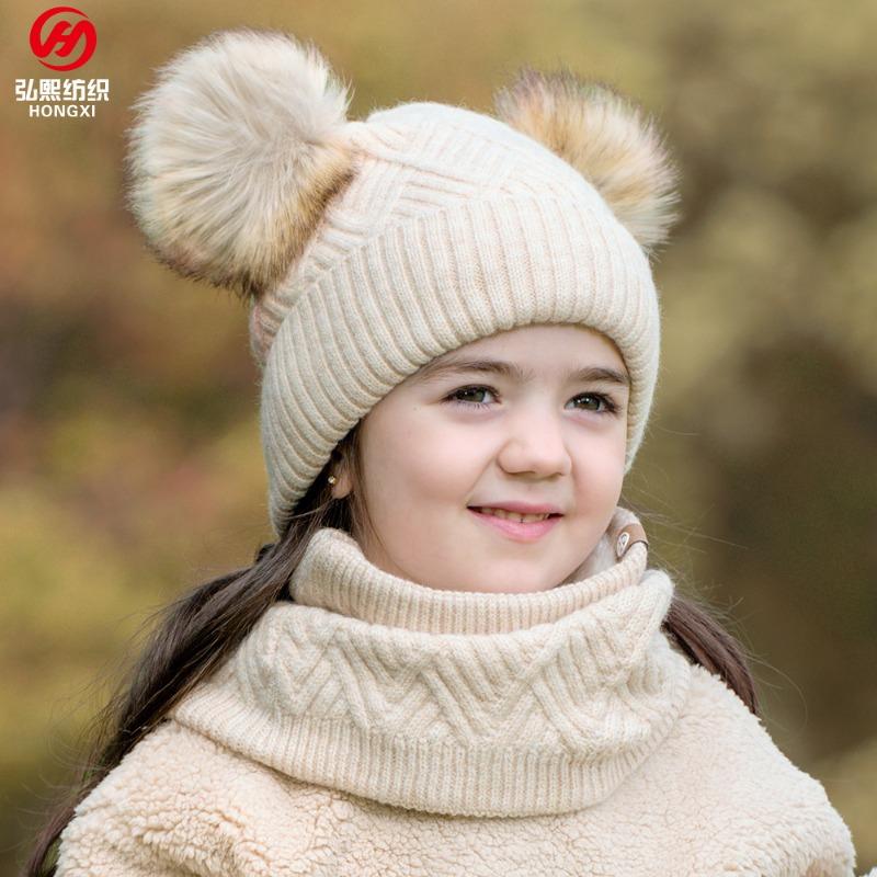 Children's double hairball knitted hat Girls' winter wool warm and fleece cold-proof hat scarf gloves three-piece set
