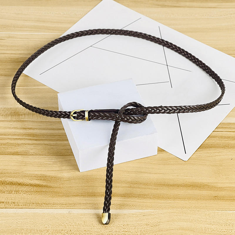 Women's Skinny Braided Leather Belts Vintage Thin Woven Waist Belts for Jeans Pants Dresses with Pin Buckle