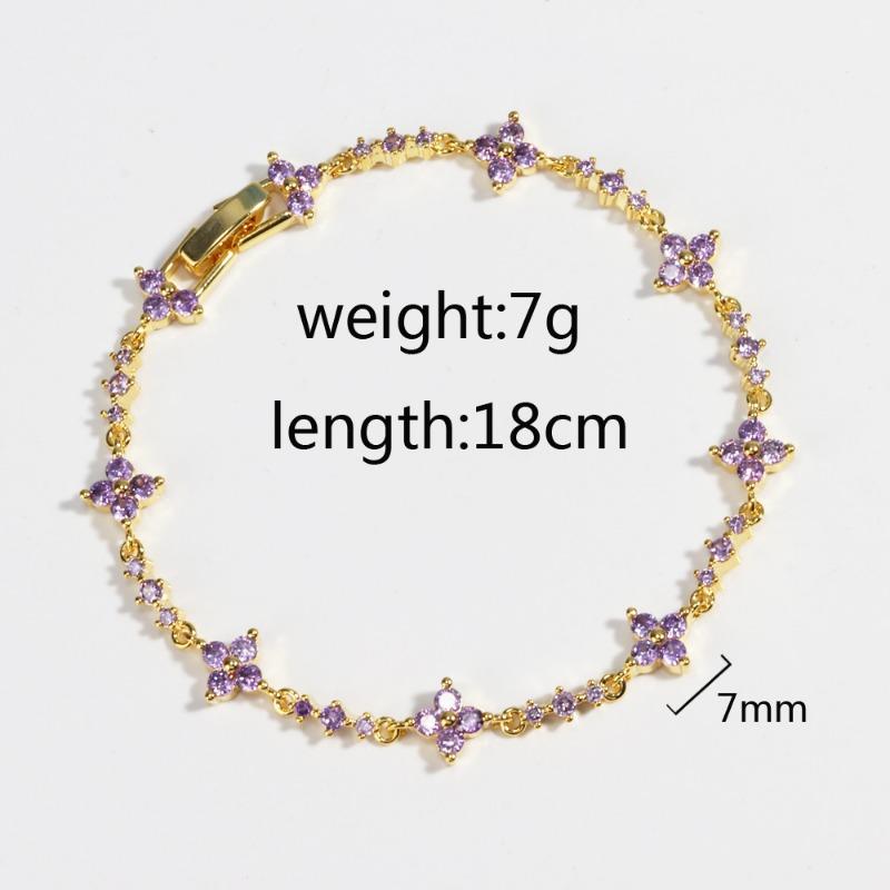 Gold Plated Amethyst CZ Four-Leaf Clover Tennis Bracelet – Luxury Purple Jewelry, Sparkle Gift for Women