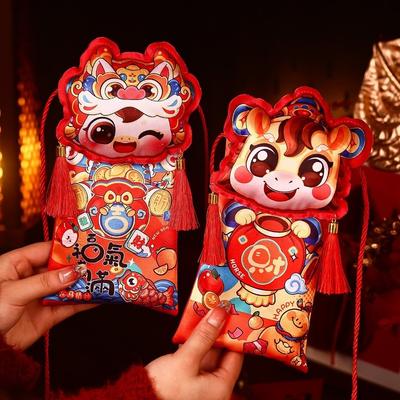 Cartoon-Geldbörse mit Quaste, Neujahrssegenbeutel mit den besten Wünschen, Traditioneller chinesischer roter Umschlag, Jahr des Pferdes 2026