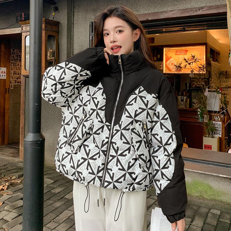 Short Cotton Jacket Women's Winter 2025 New Design Print Splicing Thickened Design Explosive Jacket