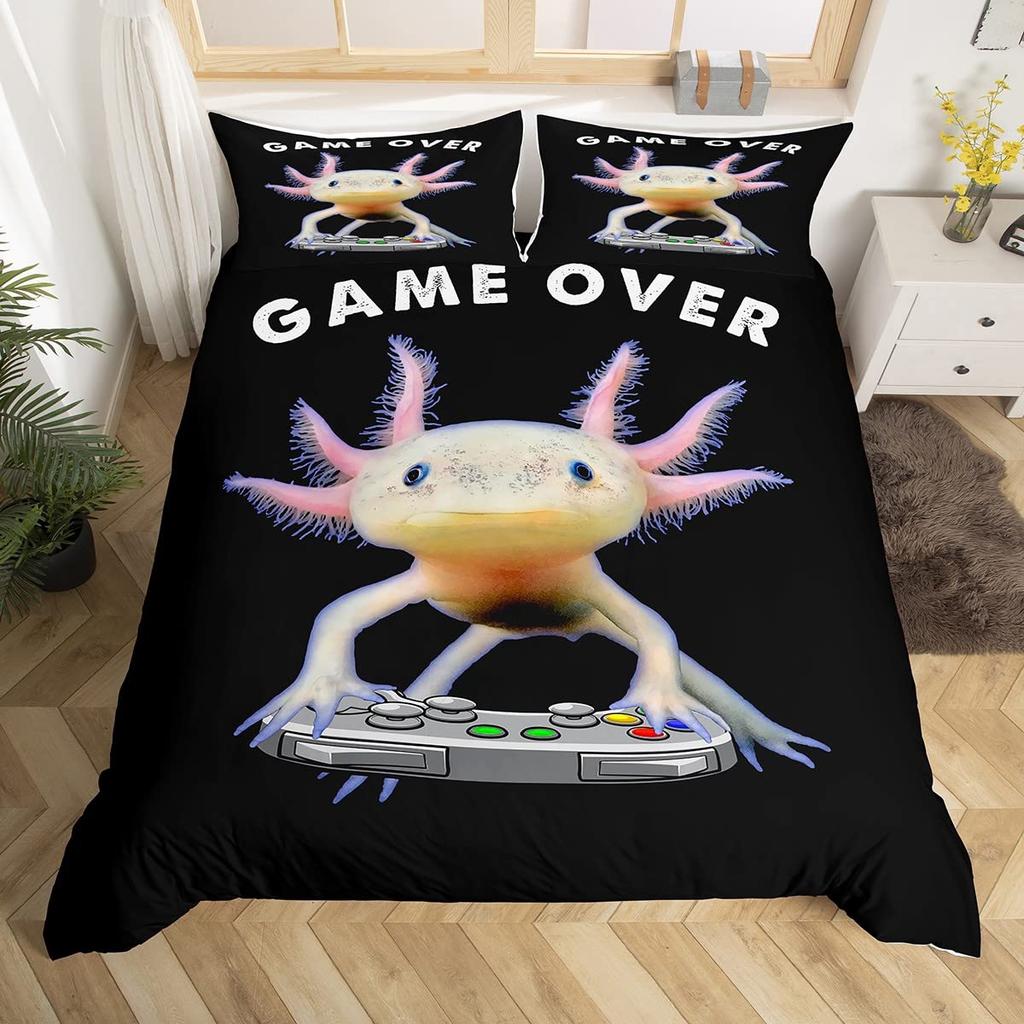 Cute Axolotl Duvet Cover Set Full Size Cartoon Salamander Bedding Set Kawaii Animals Comforter Cover Constellation Black Decor