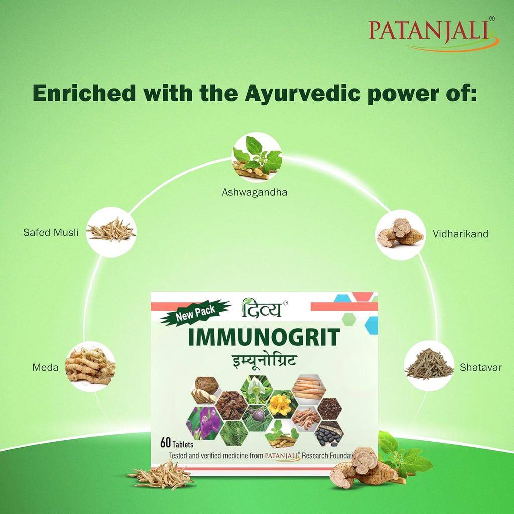 Patanjali Divya Immunogrit Tablet 60 X Pack Of 1 Boosts Energy And Vitality Herbal Wellness Supplement