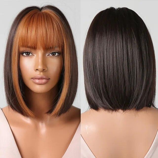 Short Orange Straight Bob Hair Synthetic Wigs with Bangs Orange Colorful Cosplay Party Wig for Women Heat Resistant Fiber Daily
