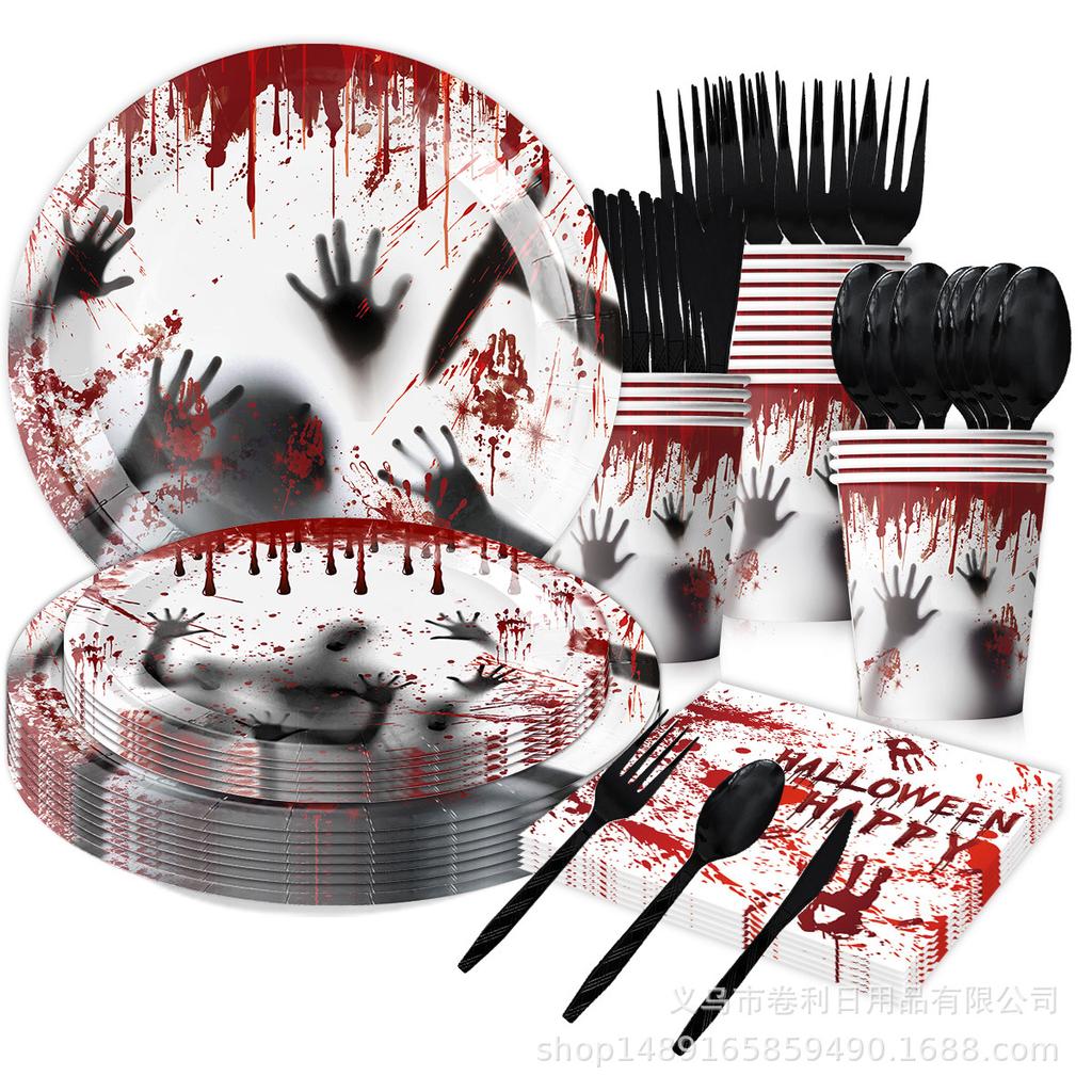 Party Halloween Party Partyzubehör Dekorative Tischdecke Seidenpapier Teller Messer Gabel Löffel Party Szene Arrangement