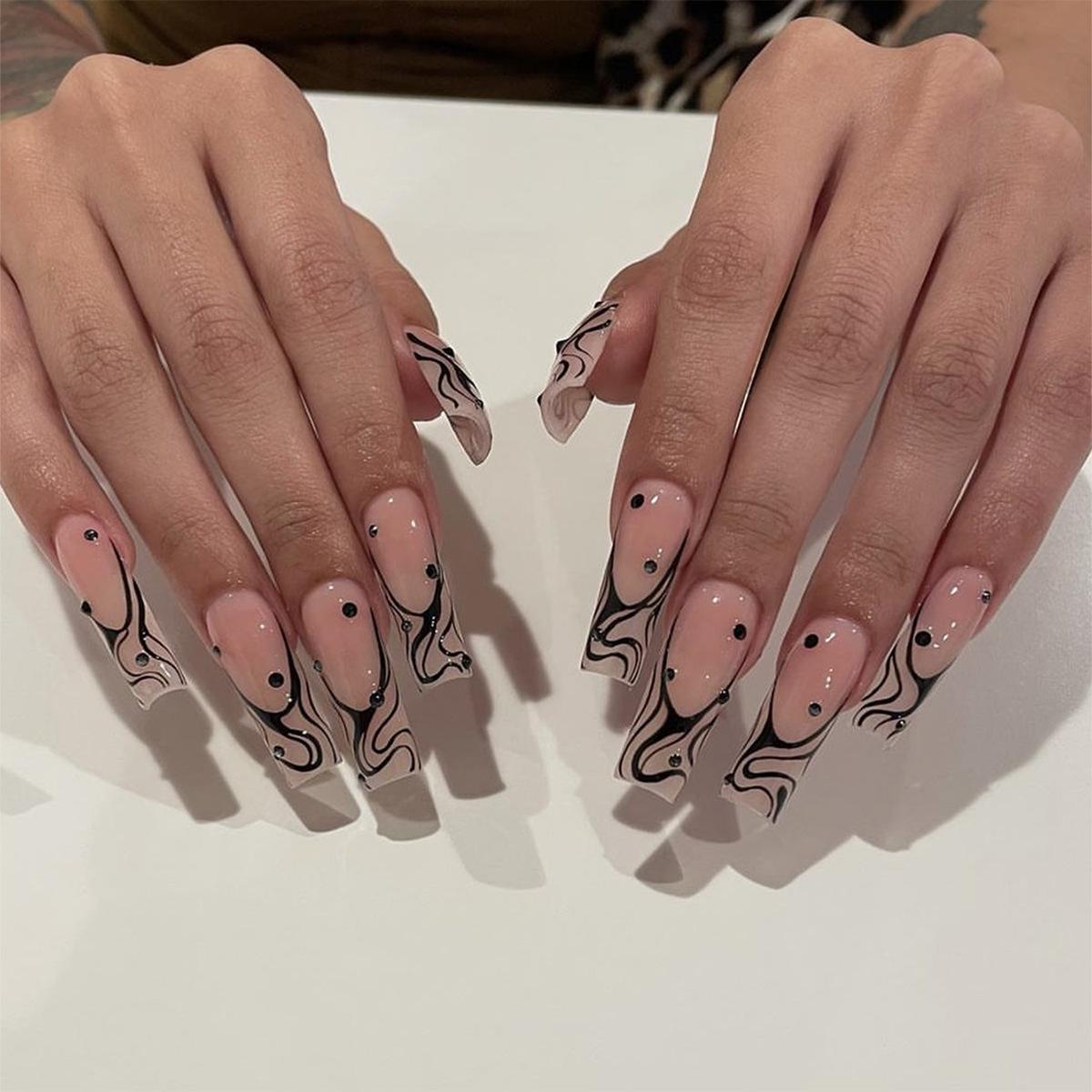 

Elegant European & American Style Longwear Water Pipe Diamond Design French Press-On Nails - Set of 24