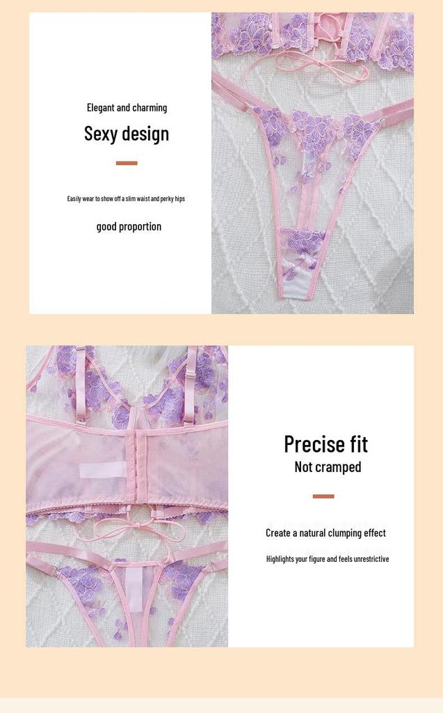 European & American Floral Lace Strappy Lingerie Set - Pink & Purple Push-Up Mesh
