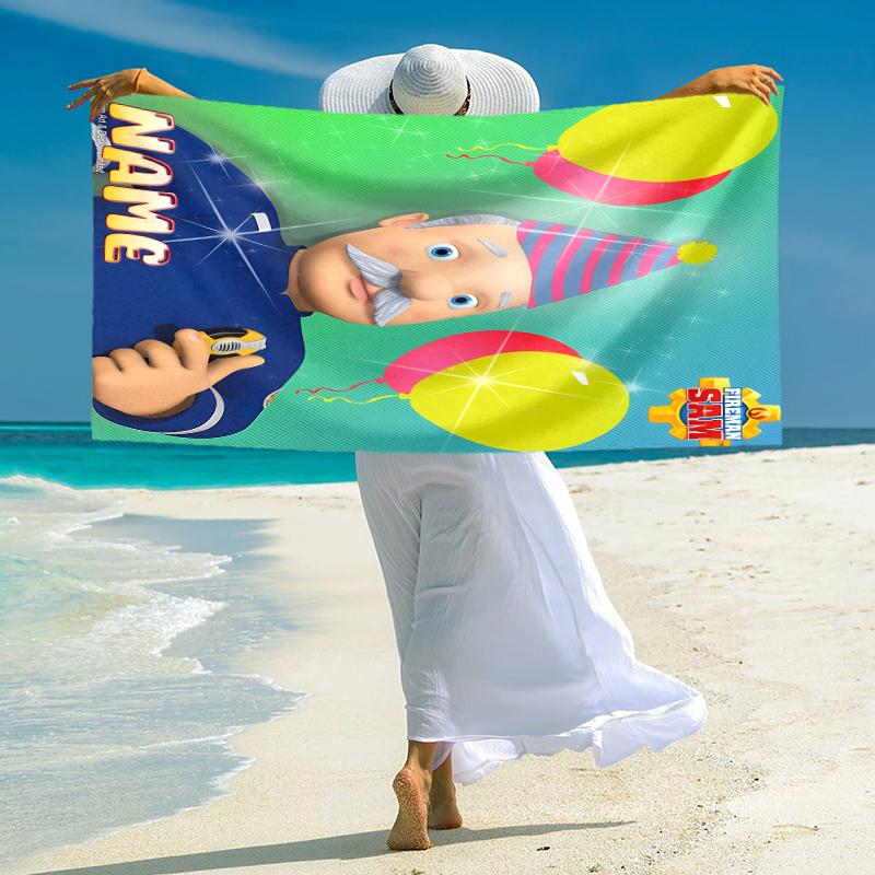 Personalized Fireman Sam Birthday Bash Beach Towel Microfiber Beach Towel Thin Absorbent for Beach Swimming Yoga Bath Sports. 0910191