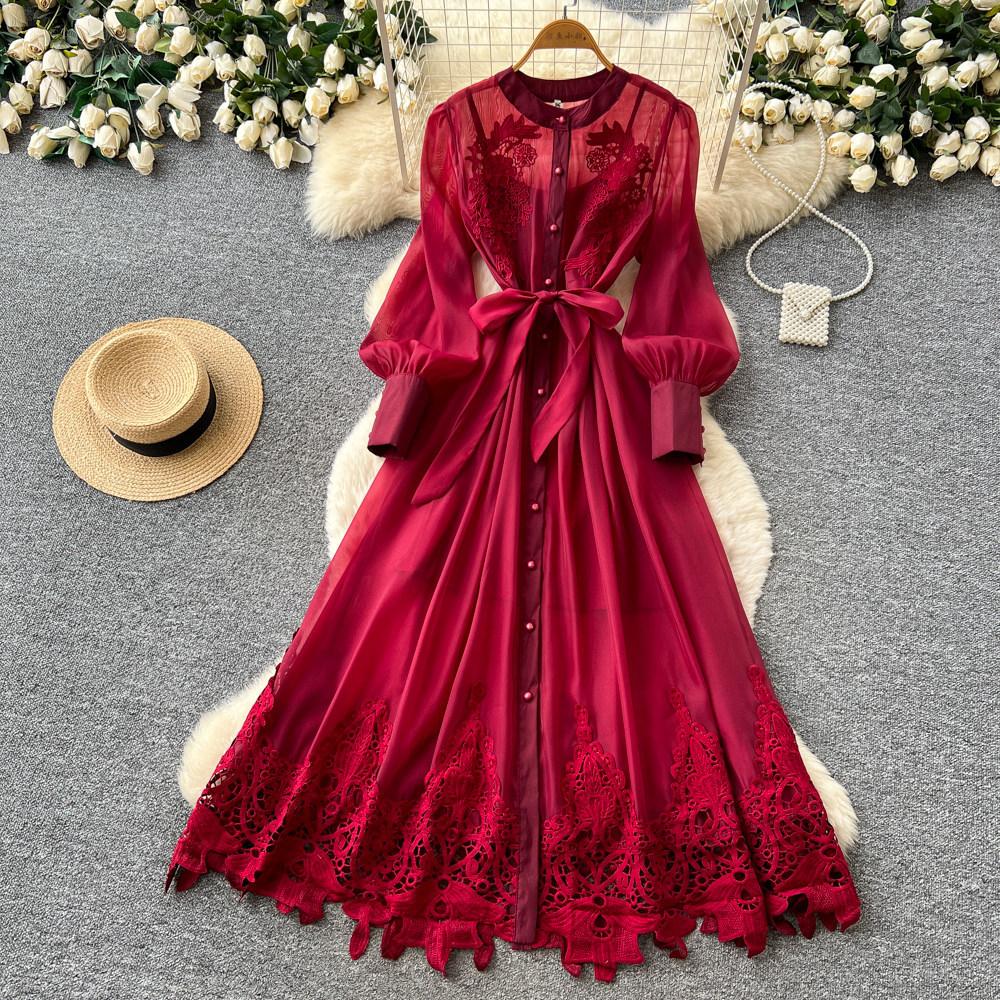 Heavy Industry Embroidery Hollow Dress Women's Summer Long Sleeves Waist Skinny Commuter Temperament Yellow A-shaped Dress