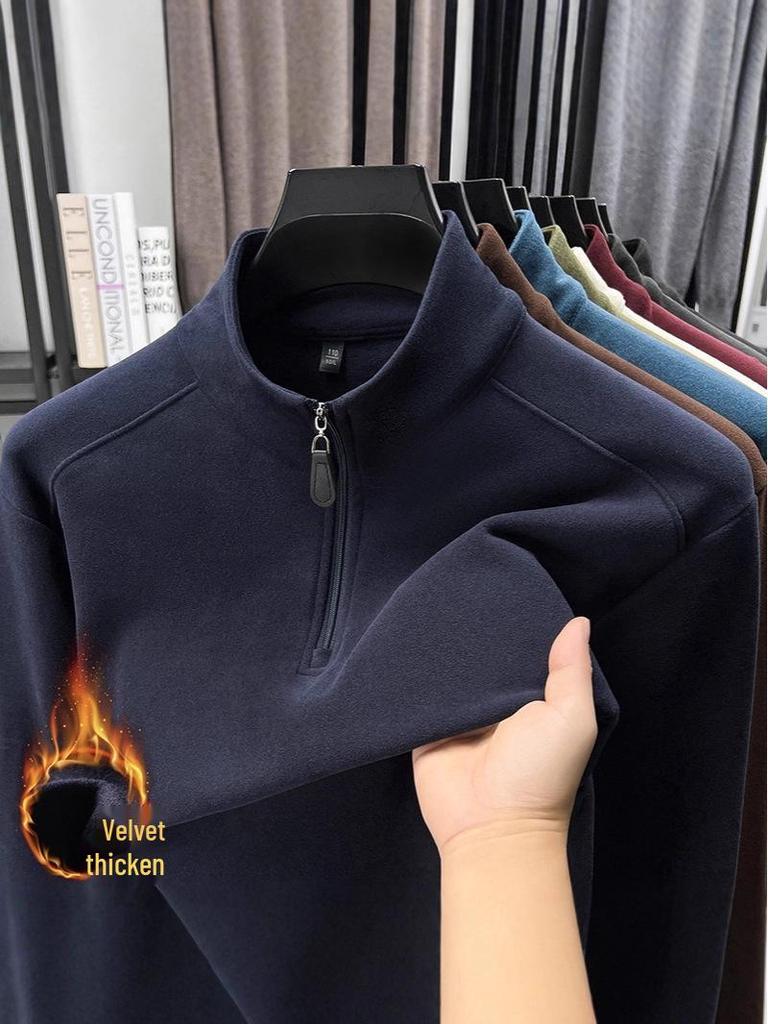 Men's Double-Sided Fleece Half-Zip Long-Sleeve T-Shirt with Half-High Collar - Warm Winter Base Layer Sweatshirt