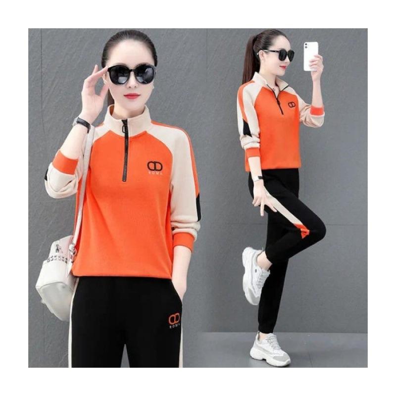 Embroidered Sports Suit for Women, Spring and Autumn Fashion Loose Large Size Stand Collar Casual Color Matching Running Two-piece Set