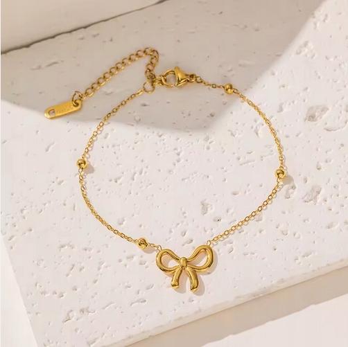 Women's Set Gold Necklace Bracelet Bows Elegant Gift