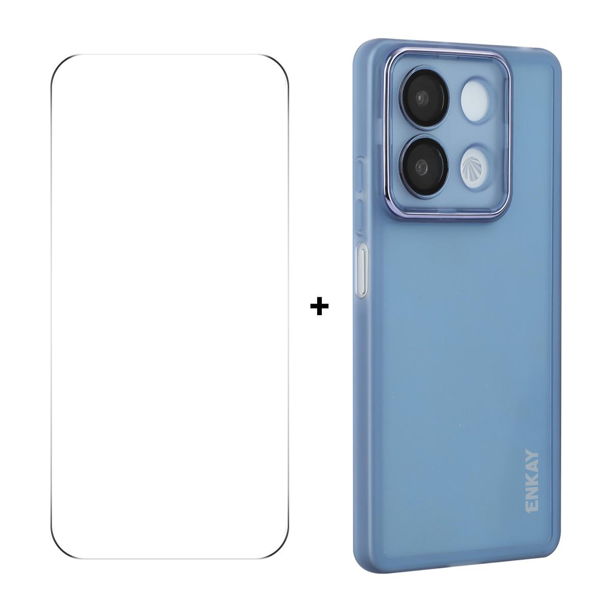 

For Xiaomi Redmi Note 13R Pro 5G Case Matte TPU Phone Cover with Lens Film+9H Glass Protector Blue