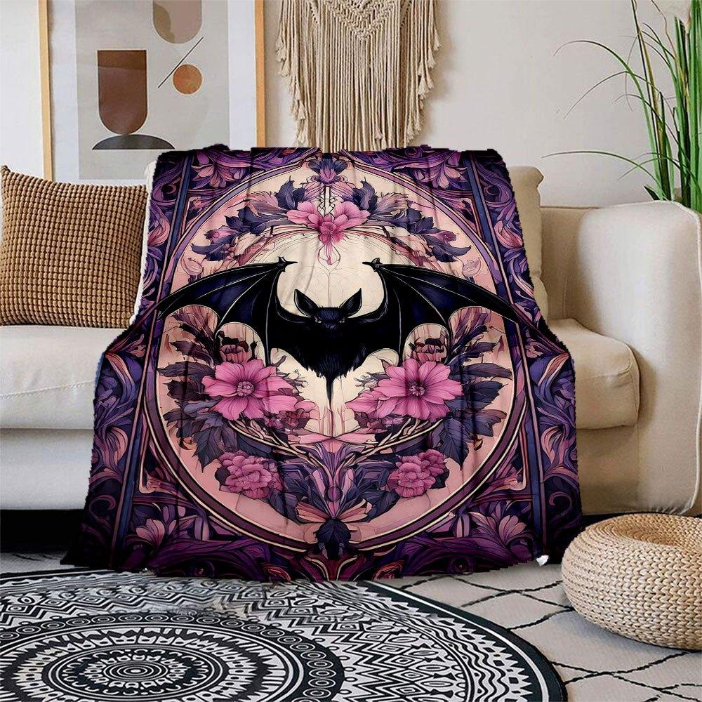 

Gothic Bat & Floral Stained Glass Wall Art PrintBlanket Flannel Throw Blanket for Sofa, Bed, Travel, Camping, Office, Couch, Chair, And Bed 150x180cm