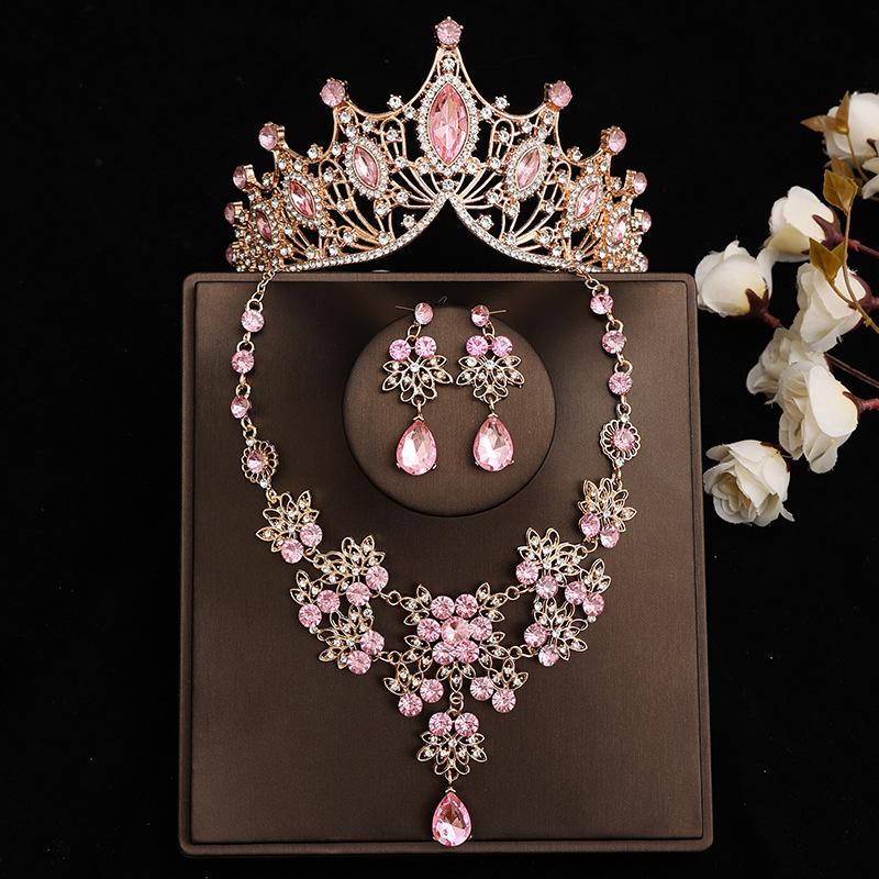 Pink Bridal Crown Three Piece Suit Wedding Crown Tiara Necklace Earrings Korean Super Fairy Wedding Dress Accessories