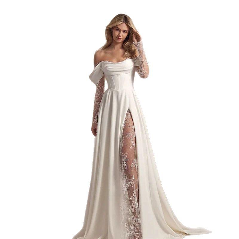 Robe de mariée légère pour femme épaule Bardot fendue sur le côté robe à traîne en dentelle photo de couple voyage mariée robe de mariée