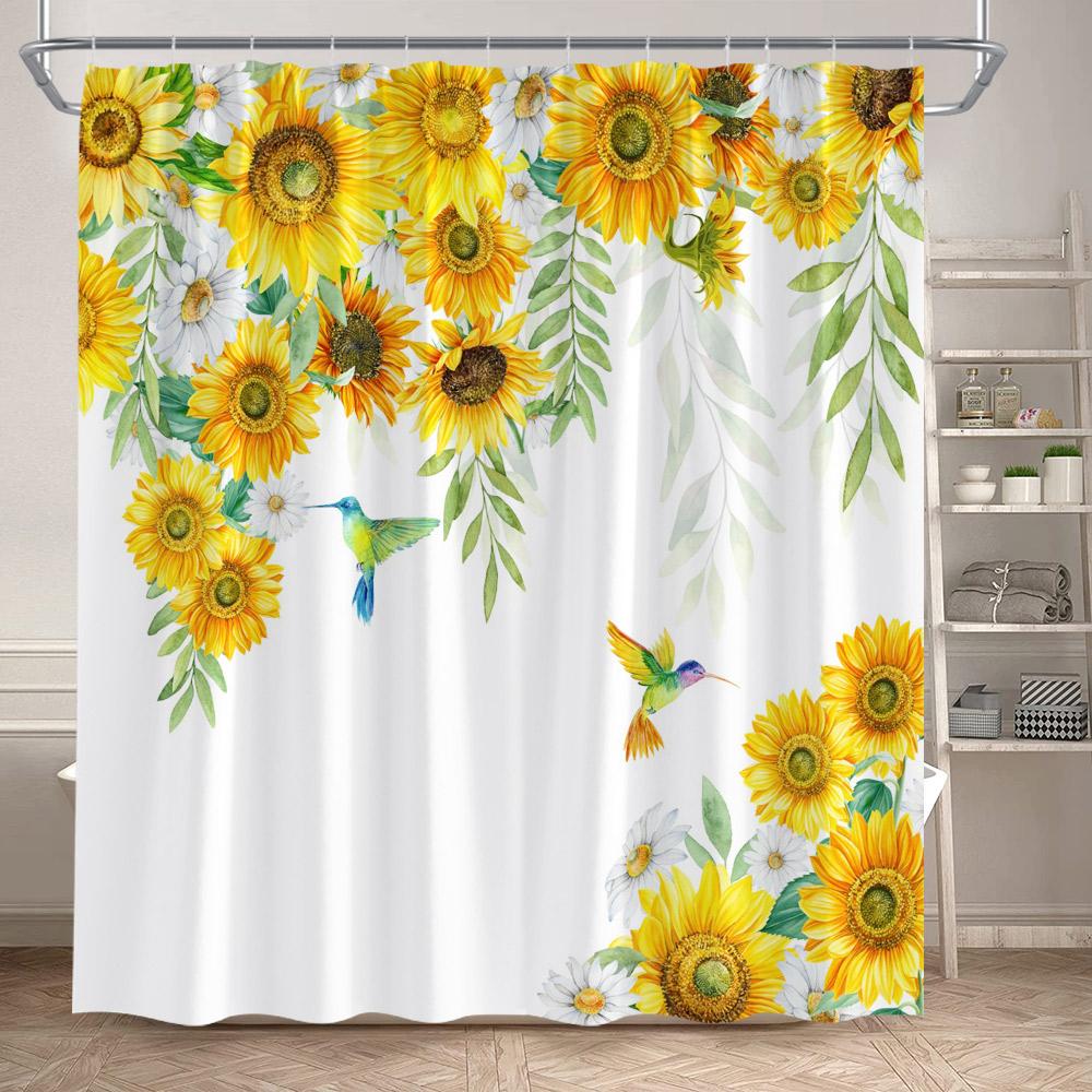 Rustic Sunflower Shower Curtain Butterfly Spring Floral Green Leaves Plant Bath Curtains Set Polyester Bathroom Decor with Hooks