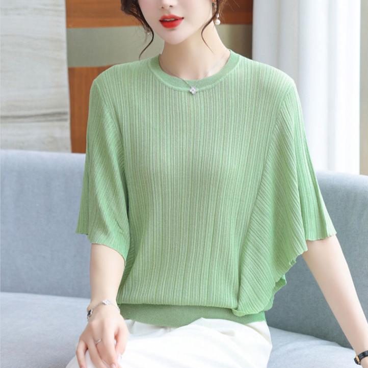 Crew Neck Knitted Sweater Top Women's Summer New Short-sleeved T-shirt