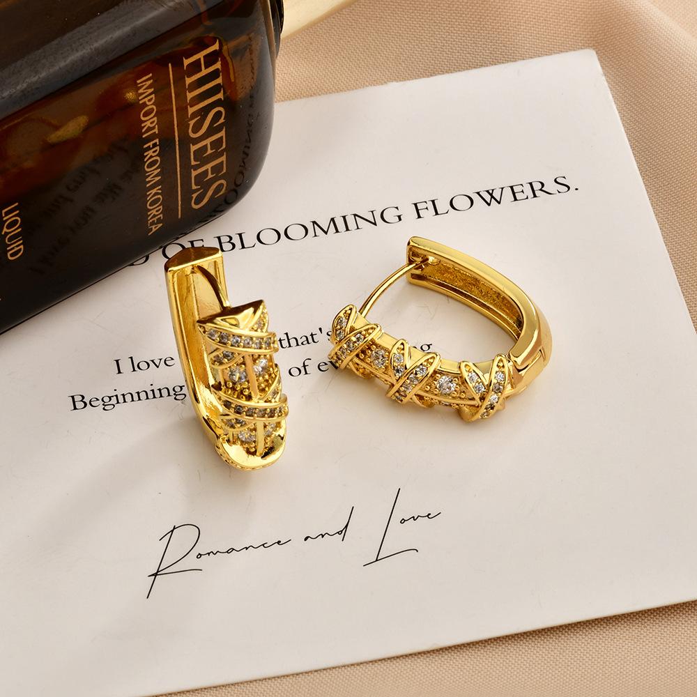 Korean New Micro-Paved Zircon U-Shaped Hoop Earrings Light Luxury Cross Pattern Gold Plated Ear Buckles for Women