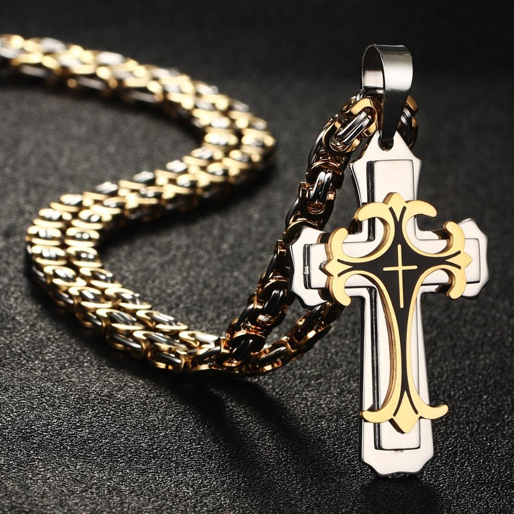 Vintage Stainless Steel Fleur-de-lis Cross Necklaces Pendants Long Byzantine Chain Necklaces Men Jewelry NC07
