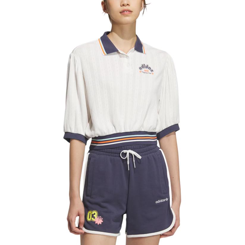 Adidas Originals Retro Camp Graphic Knitted Sports Fashion Versatile Short Sleeve Polo Shirt Women Tops White JM8000