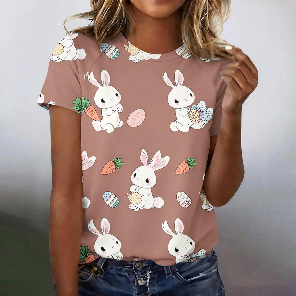 Women's Fashionable Casual Short-Sleeved Raglan Sleeve Easter Print T-Shirt Top