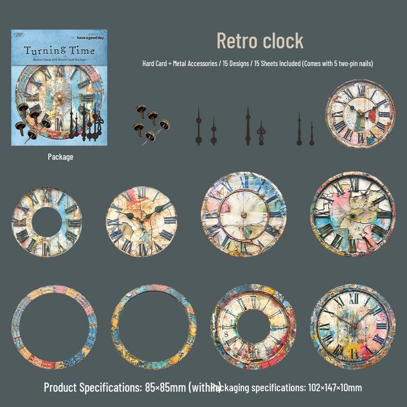 Retro Clock Theme Planner Stickers: DIY Collage, 6 Rotating Time Series Styles