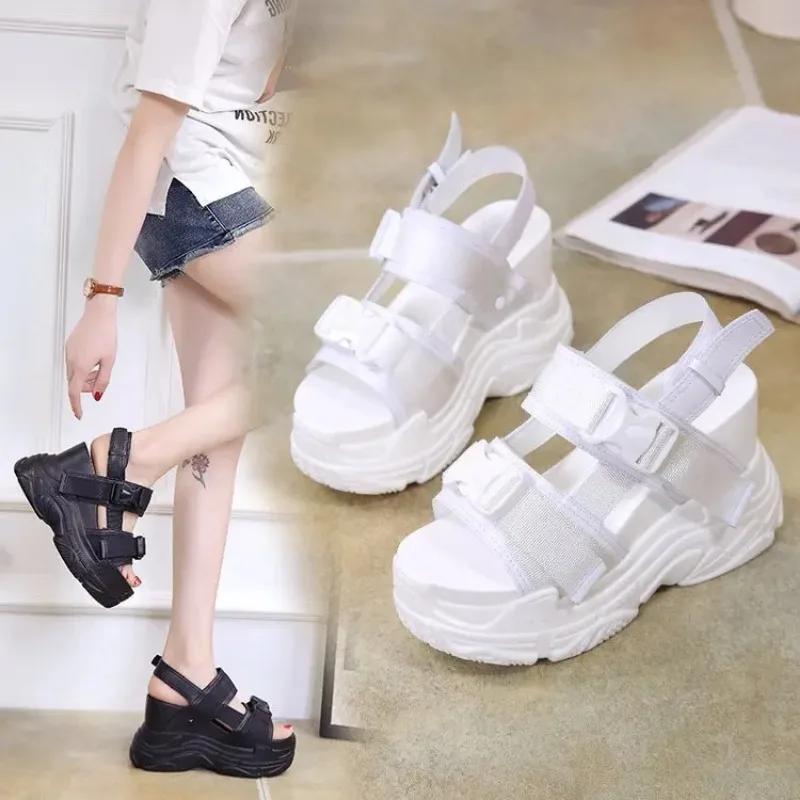 Sandalias De Mujer Verano 2024 Platform Shoes Wedge Heels Shoes Women Buckle Thick Soled Beach Sandals Woman Sport Sandal Black