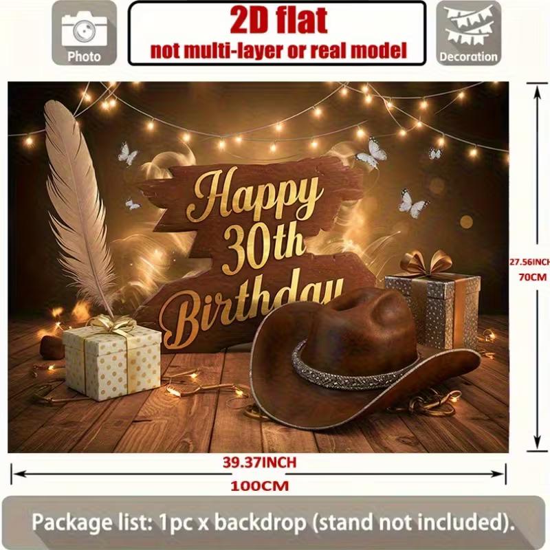 2D "Happy 30th Birthday" Backdrop Fairy Light & Cowboy Hat Background Cloth Party Decoration