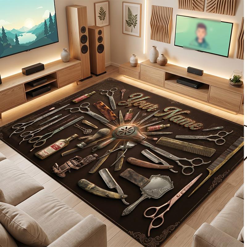 Barber Salon Theme Soft Crystal Velvet Rug Custom Name & Text Print Non Slip Floor Rug for Bedroom Living Room