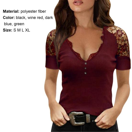 Sommer Bluse Einfarbig Tiefem V-ausschnitt Frauen Spitze Ärmel Durchsichtig