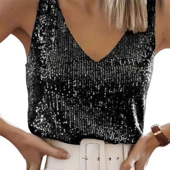 Women Vest Shiny Sequins Loose Fit Deep V Neck Sleeveless Tops Party Nightclub Stage Performance Camisole