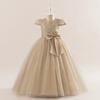Girls Formal Dress Kid Puff Sleeve Sequin Wedding Bridesmaid Floor Length Party Gown