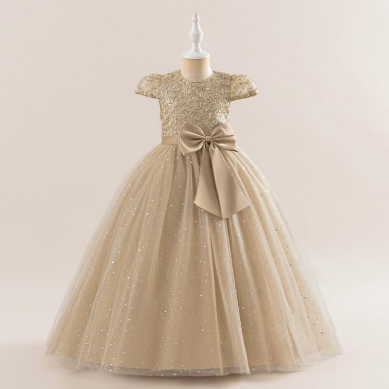 Girls Formal Dress Kid Puff Sleeve Sequin Wedding Bridesmaid Floor Length Party Gown