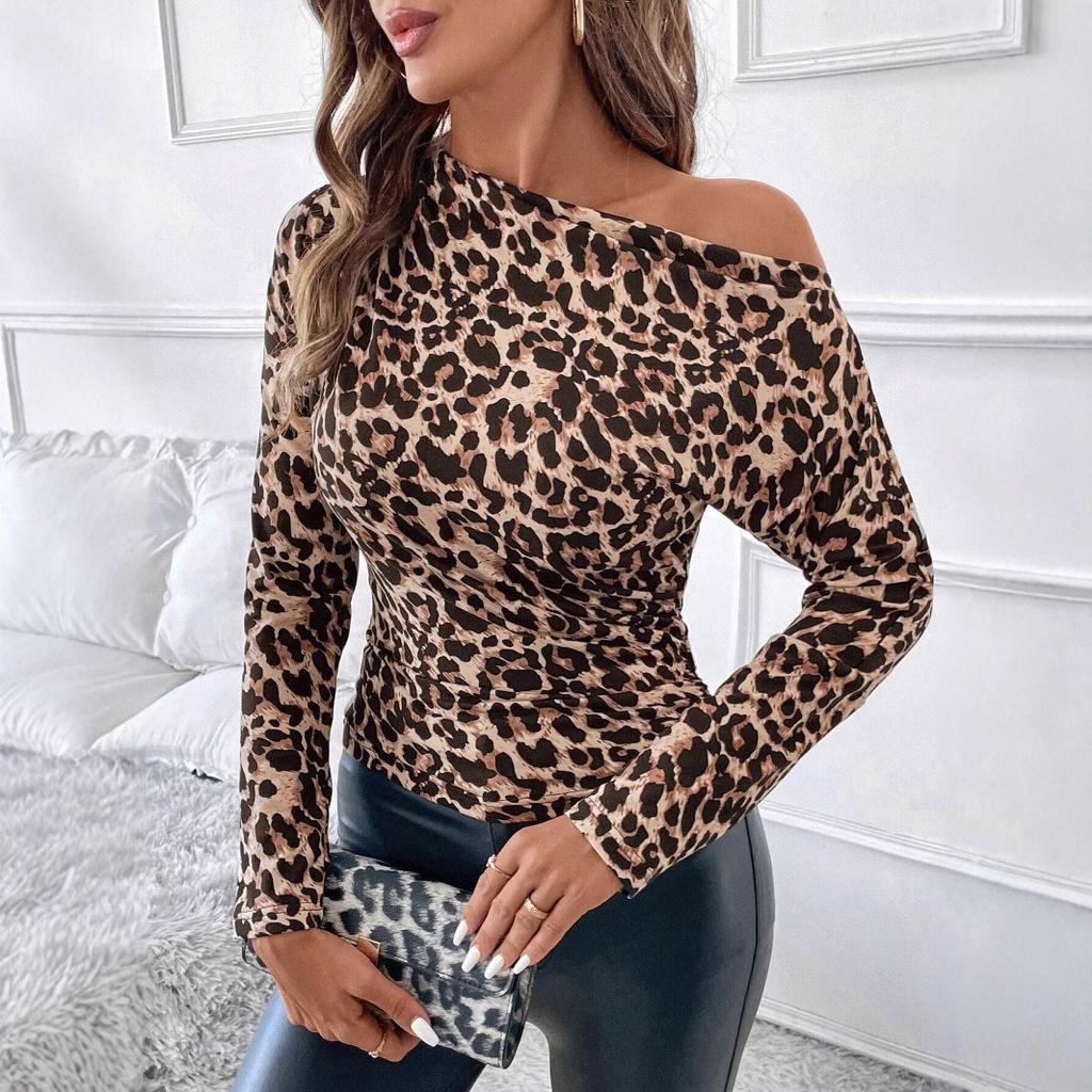 Dámské tričko s netopýřími rukávy, řasenými rameny, slim, elegantní, vintage, leopardí