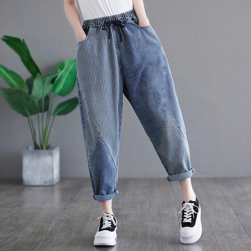 Damen Patchwork Denim Cropped Haremshose