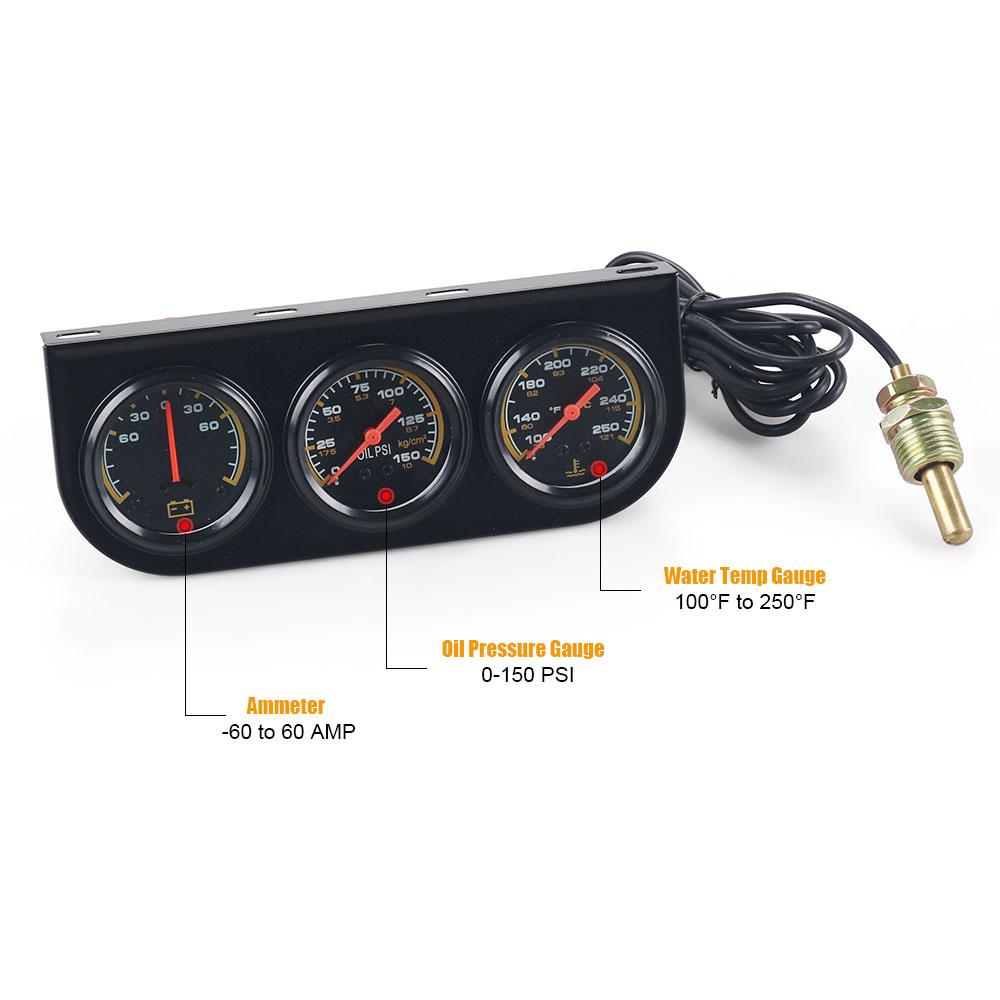 3 in1 Water Temp Gauge 52MM Oil Pressure Gauge AMP Volt Meter 12V Kit Car Mechanical Triple Gauge With Sensor