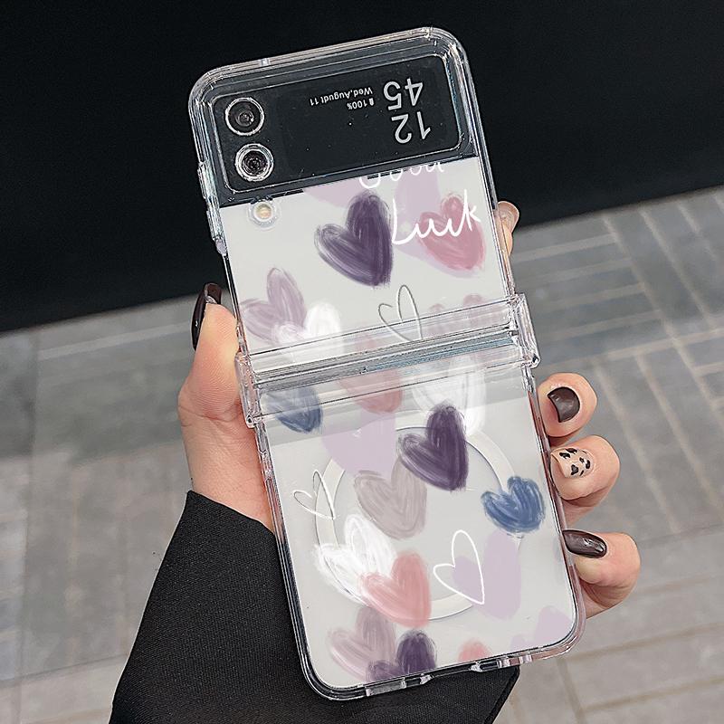 3PCS Foldable Shockproof Case for Samsung Z Flip6 Flip5 Flip4 for Magsafe Magnetic Colorful Love Hearts Pattern Clear Hard Pc Slim Case Cover
