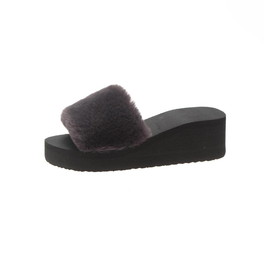 Korean Women's Thick-Soled Fur Slippers: Stylish and Casual, with Wedge Heel, Single-Strap Cotton Design