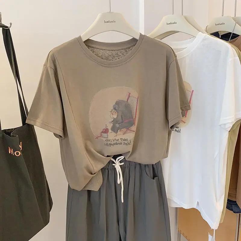 

Women s Casual Abstract Figure Print T-Shirt Loose Fit Rolled Short Sleeve Crew Neck Summer Top S коричневий